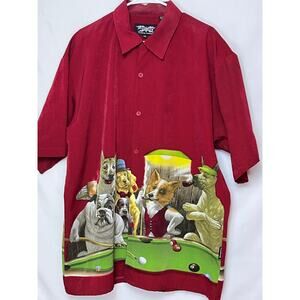 Dragonfly Men’s XXL Red Button Front Shirt Dogs Playing Pool Short Sleeve Casual
